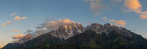 Panoramic view of the local mountains of San Candido in the evening light, Haunold, Birkenkofel,