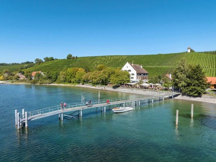Aerial view of the jetty at the historic Rebgut Haltnau with catering business, outdoor catering