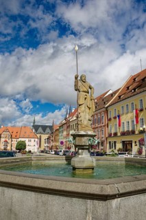 Old town centre and town hall in Baroque style, protected cultural monument, Roland Fountain,