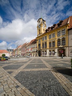 Old town centre and town hall in Baroque style, protected cultural monument, Roland Fountain,