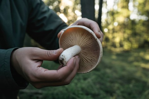 Person's hand holding wild mushroom in forest with gills visible. Symbol of autumn foraging and