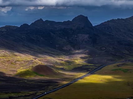 Volcanic landscape, mountains, cloudy, aerial view, summer, road, Reykjanes, Iceland