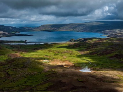 Volcanic landscape, mountains, cloudy, aerial view, summer, lake, hot springs, Krysuvik geothermal