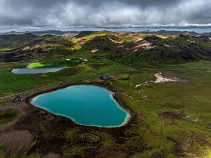 Lake, volcanic crater, volcanic landscape, mountains, cloudy, aerial view, summer, Graenavatn,