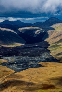 Lava, lava field, summer, cloudy, sunny, aerial view, Fagradalsfjall, Reykjanes, Iceland