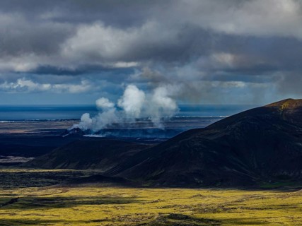 Lava, lava field, summer, cloudy, sunny, volcanic eruption, aerial view, July 2025, Grindavik,