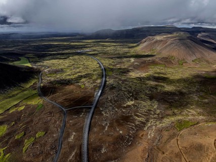 Road, volcanic landscape, mountains, summer, cloudy, sunny, aerial view, Fagradalsfjall, Reykjanes,