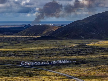 Lava, lava field, summer, cloudy, sunny, volcanic eruption, aerial view, tourists, car park, July