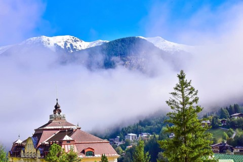 View over the village of Bad Gastein towards the snow-covered Ankogel group in the province of
