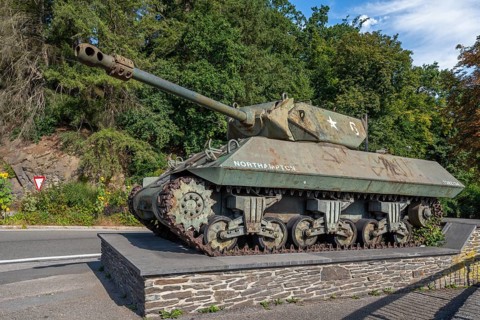 WWII Achilles M10, British tank destroyer in the town La Roche-en-Ardenne in summer, province of