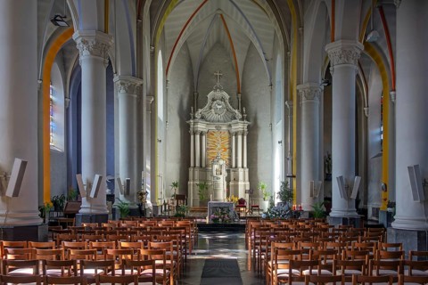 Altar of the 19th century Gothic Revival Saint Martin church in the village Beauraing, province of