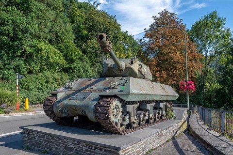 WW2 Achilles M10, British tank destroyer in the town La Roche-en-Ardenne in summer, province of
