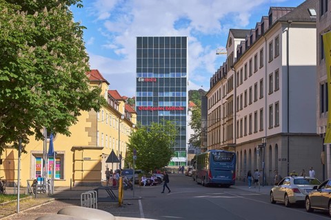 Modern architecture, high-rise building, apartment blocks, residential building, trees, horse