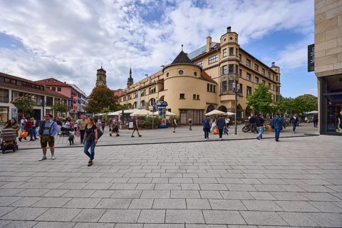 Market hall, historic building, architect Martin Elsaesser, shopping, pedestrian zone, pavement