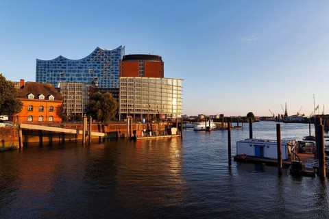 View of the Elbphilharmonie and HafenCity Gate office block from the Niederbaumbrücke bridge,