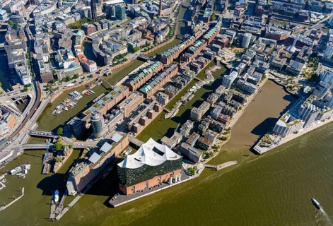 Europe, Germany, Hamburg, aerial view, from, above, water, sunny, Speicherstadt, Hafencity, Elbe,