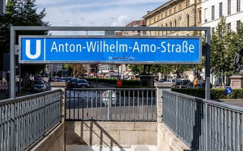 Anton-Wilhelm-Amo-Straße, entrance to the former underground station Mohrenstraße in Mitte, Berlin,