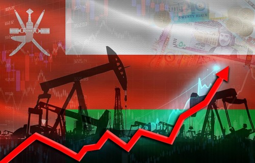 Oil production with Oman flag, petrol industry. Oil pumps with Omani flag