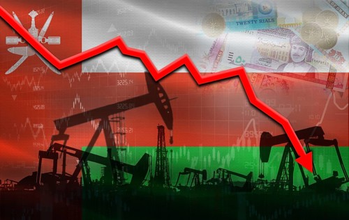 Petrol crisis with Oman flag on financial graph. Fall oil price with flag of Oman on economic chart
