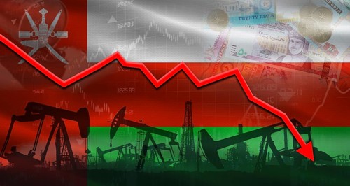 Fall oil price with flag of Oman on economic chart, Petrol crisis with Oman flag on financial graph