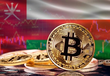 Bitcoin with Oman flag in the background. Investors in cryptocurrency and Blockchain Technology in
