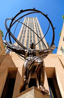 Atlas statue at Rockefeller Centre, behind the Rockefeller office building, Manhattan, New York