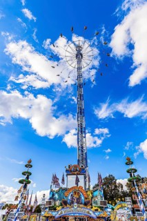 Ride Bayern Tower in front of a white-blue sky, Festwiese, Theresienwiese, Oktoberfest, Munich,