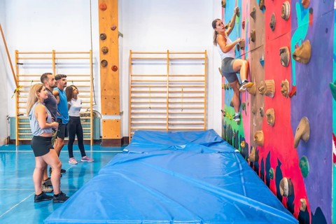 Determined sportswoman practicing bouldering in a climbing gym, ascending a vibrant wall as friends