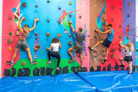 Five athletes climbing a bouldering wall in a gym, focusing on their training and exercising