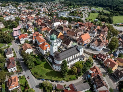 Aerial view of the town of Stockach with the church of St. Oswald in the upper town, historic town