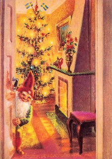 Old Christmas greeting card. A smiling Santa opens the door and invites you into a room with a