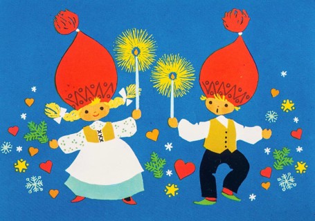 Old Christmas greeting card. Cartoon children with candles and red hats