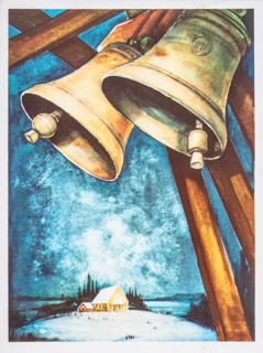 Old Christmas greeting card. Bells over wintry landscape