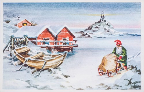 Old Christmas greeting card. Santa with sack on sleigh in wintry landscape on the coast