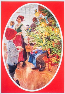 Old Christmas greeting card. Christmas in a Swedish home. Painting by Carl Larsson