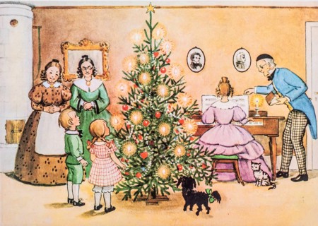 Old Christmas greeting card. Christmas in a Swedish home in the 19th century. Painting by Elsa