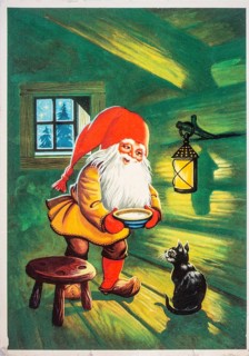 Old Christmas greeting card. Santa Claus gives the cat a bowl of milk