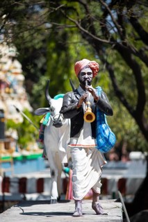 Statue of a farmer playing the shenai or traditional flute at the Hindu Basavanagudi Bull Temple,