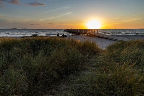 Beach with tall grass, pier and sea at sunset, peaceful and idyllic atmosphere, Kobaek Strand,