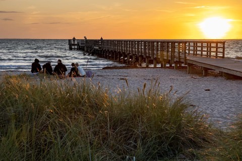 Group of people sitting on the beach next to a pier at sunset, surrounded by grass and sea, Kobaek