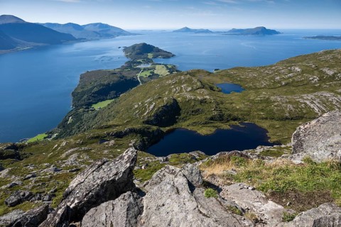 Extensive coastal landscape with mountains, lakes and fjord, Otroya or Otrøya island, Møre og