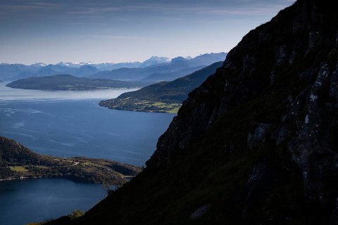 Coastal landscape with mountains, sea and fjords, Otroya or Otrøya island, Møre og Romsdal, Norway