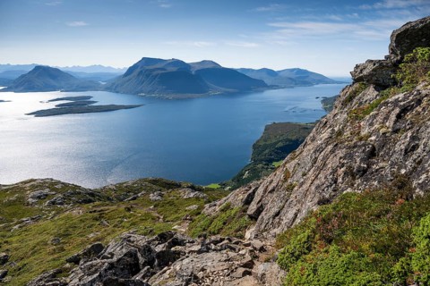 Extensive coastal landscape with mountains, islands and fjords, Otroya or Otrøya island, Møre og