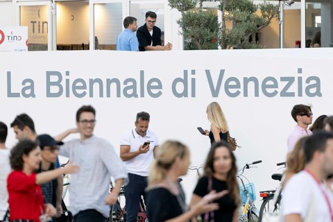 Venice, Italy - 1 September 2025: La Biennale di Venezia - Logo in front of the Palazzo del Cinema