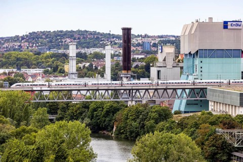 Deutsche Bahn AG ICE en route on the Schuster railway near Stuttgart. Railway viaduct over the