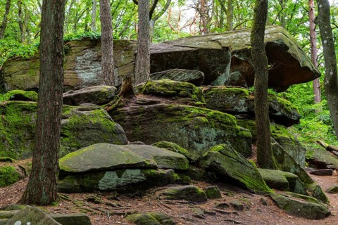 Boulders in the forest, red sandstone, sea of rocks, Kalmit, Maikammer, Pfläzerwald,