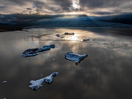 Icebergs, ice floes, glacial lake, glacier, summer, evening mood, aerial view, Fjallsjökull,