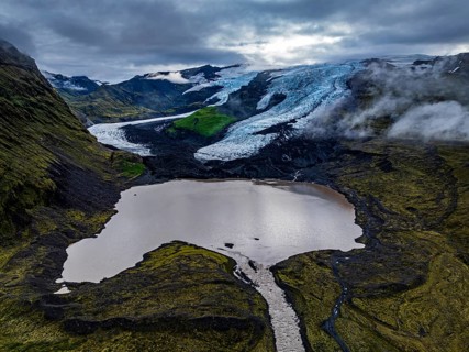 Glacier, glacier tongue, lake, mountains, cloudy, summer, aerial view, Fjalljökull, Skaftafell,