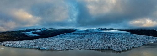 Glacier, glacier tongue, summer, panorama, evening mood, clouds, aerial view, Fjallsjökull,