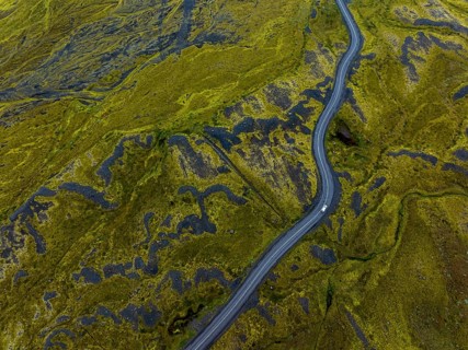 Road, curvy, car, cloudy, rainy, summer, aerial view, South Iceland, Iceland